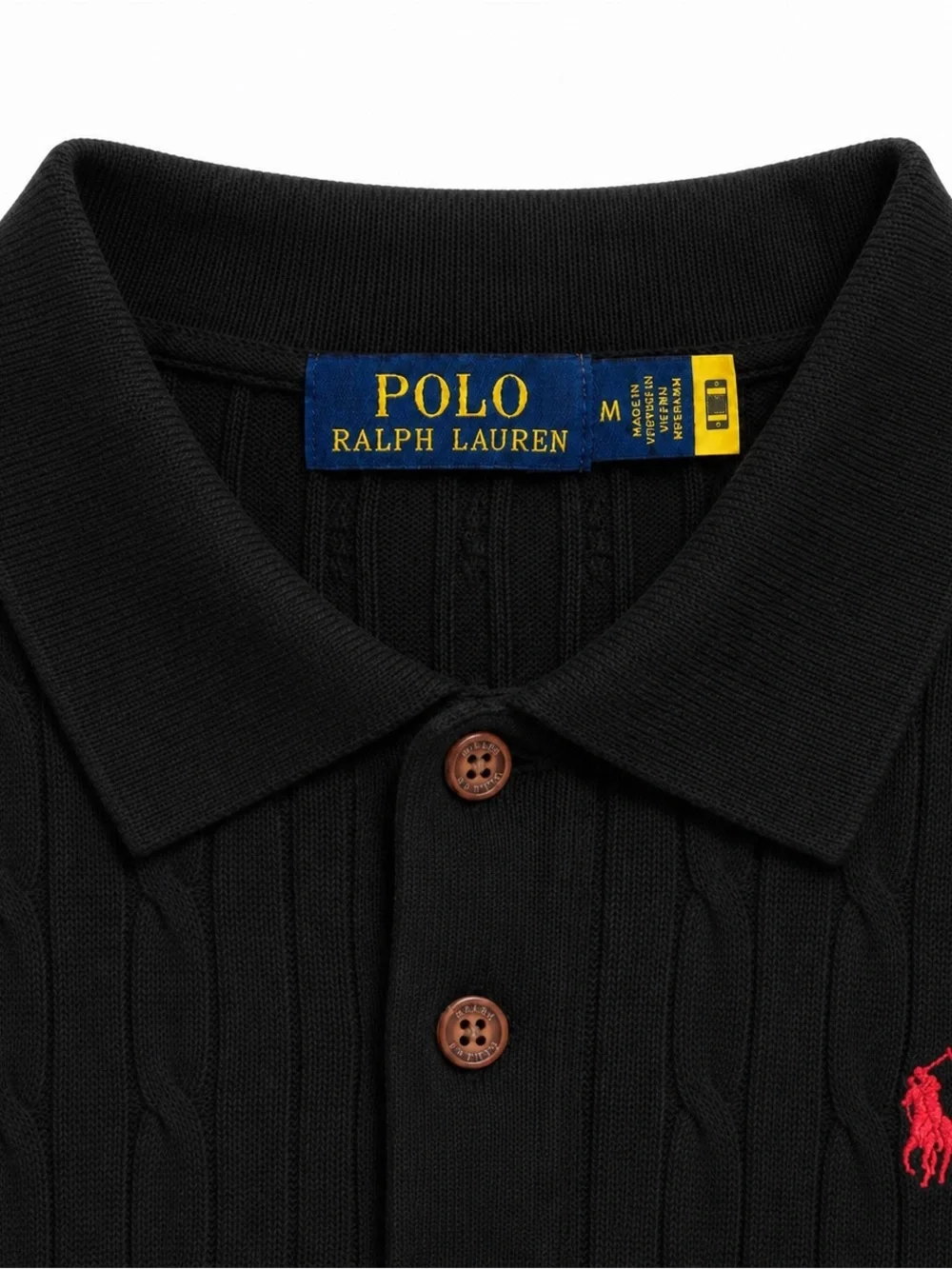 Ralph Lauren Black Cable Knit Polo with Red Pony